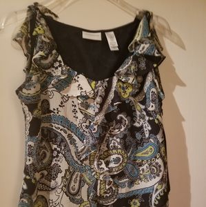 Liz Claiborne Short Sleeved Paisley Black/White/Lime Green Ruffled Blouse